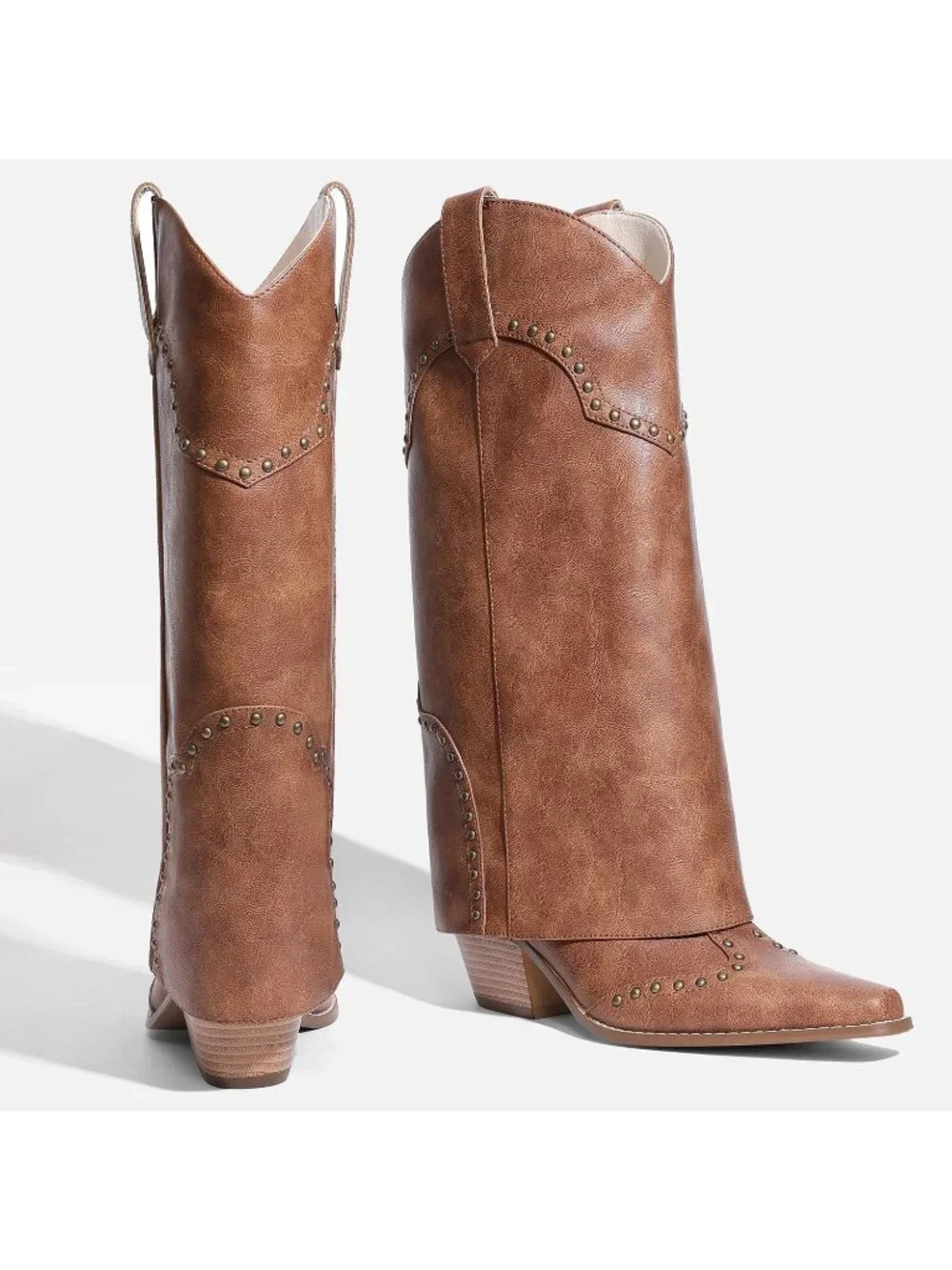 Women's Brown Chunky Heel Snip Toe Fold Over Cowgirl Knee High Shark Boots